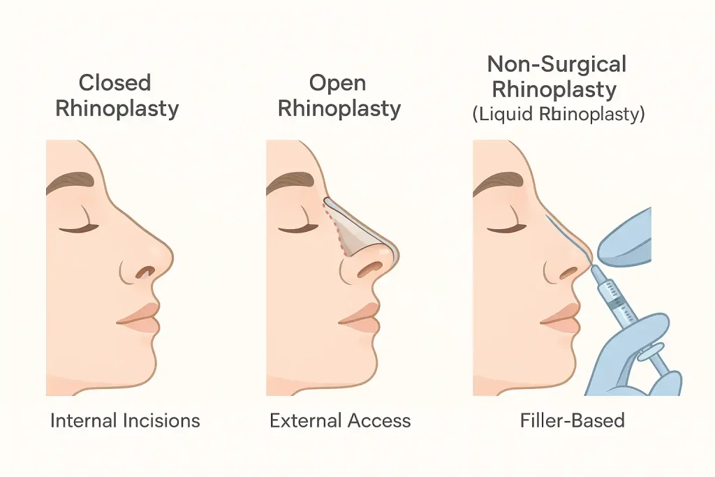 Medical illustration comparing closed rhinoplasty, open rhinoplasty, and non-surgical rhinoplasty techniques