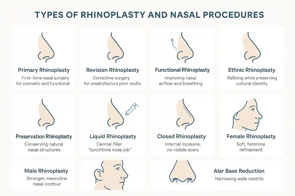 Infographic comparing 11 types of rhinoplasty procedures including closed nose job, revision, preservation, and liquid rhinoplasty