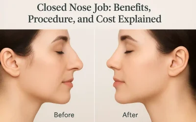 Before and after photo of a woman showing results from a closed nose job, illustrating improved nasal symmetry after surgery.
