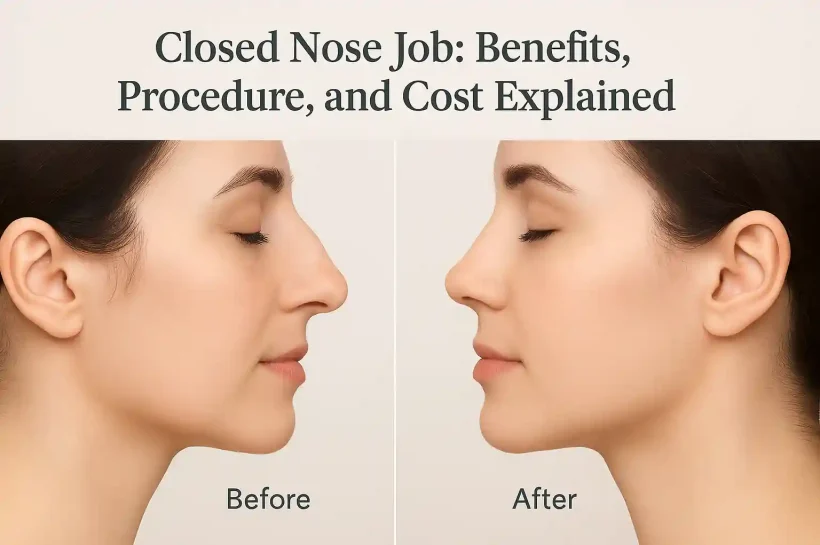 Before and after photo of a woman showing results from a closed nose job, illustrating improved nasal symmetry after surgery.